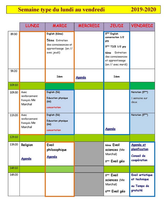 Horaire type d'une semaine